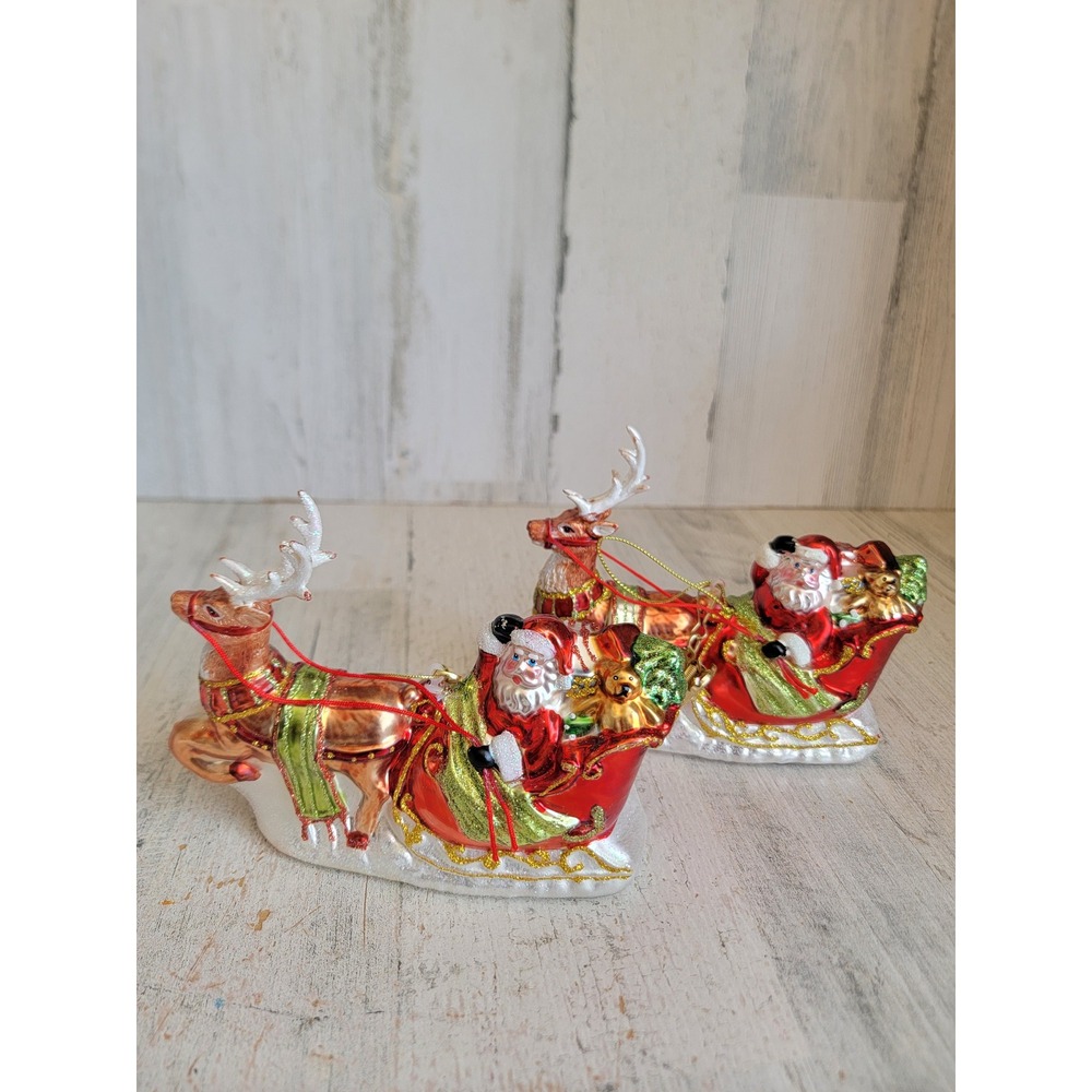 Sleigh vintage glass Santa Claus reindeer set ornament Xmas glitter